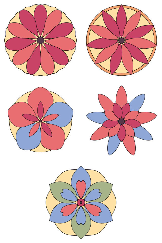 5 of the mandala pages colored in, in the peachy-rose palette: pages 1, 2, 3, 4, 5
