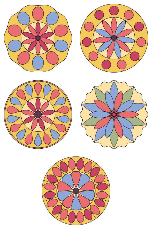 5 of the mandala pages colored in, in the peachy-rose palette: pages 6, 7, 8, 9, 10