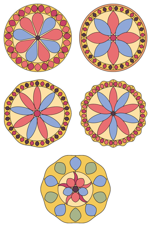 5 of the mandala pages colored in, in the peachy-rose palette: pages 11, 12, 13, 14, 15
