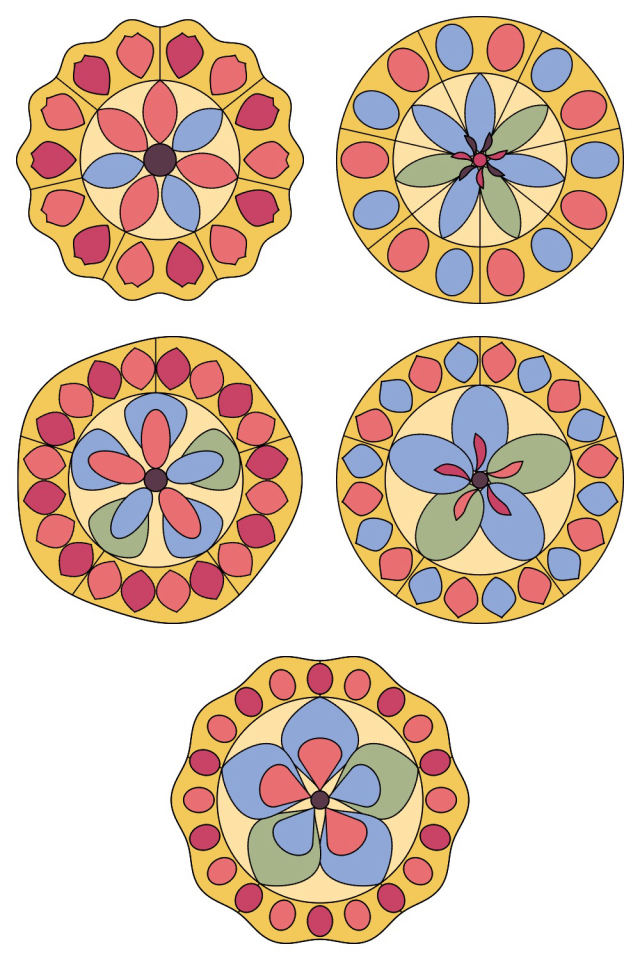 5 of the mandala pages colored in, in the peachy-rose palette: pages 16, 17, 18, 19, 20