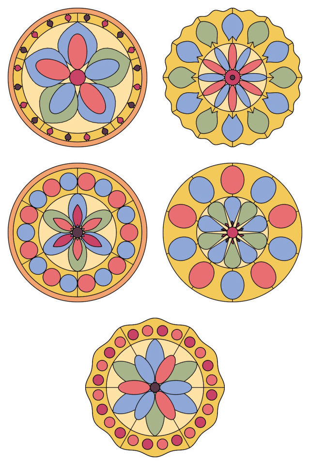 5 of the mandala pages colored in, in the peachy-rose palette: pages 21, 22, 23, 24, 25