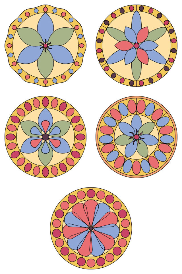 5 of the mandala pages colored in, in the peachy-rose palette: pages 26, 27, 28, 29, 30