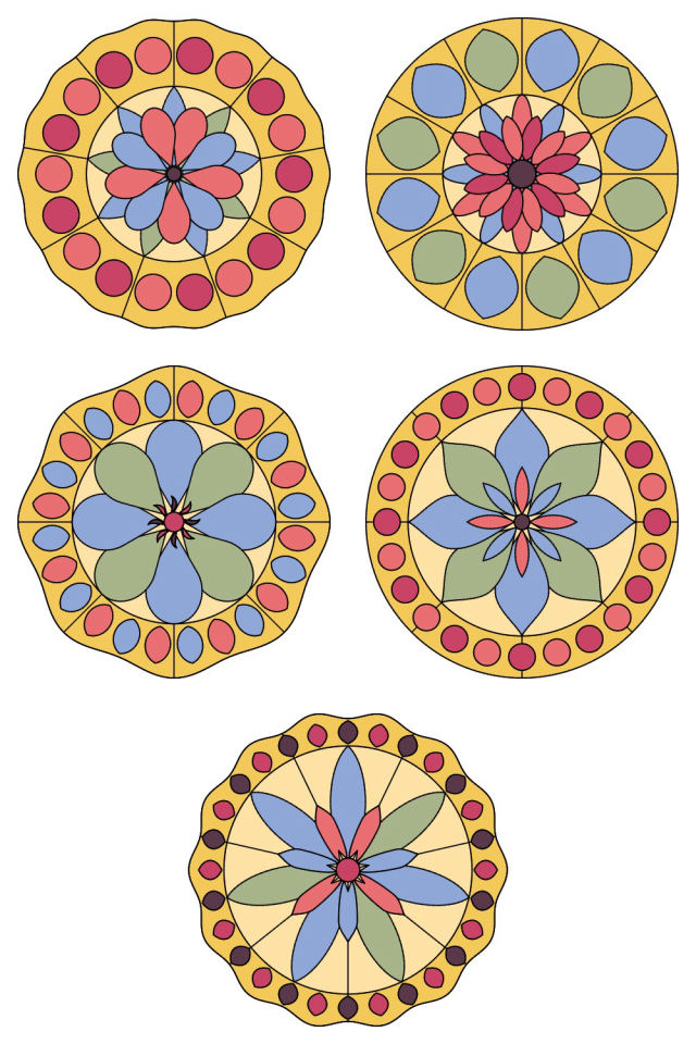 5 of the mandala pages colored in, in the peachy-rose palette: pages 31, 32, 33, 34, 35