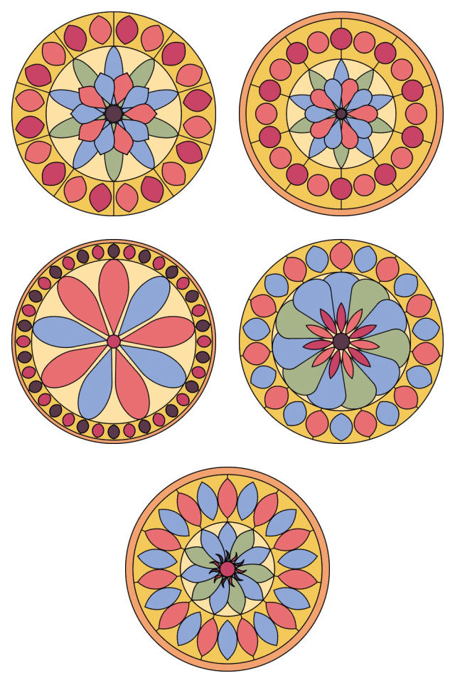 5 of the mandala pages colored in, in the peachy-rose palette: pages 36, 37, 38, 39, 40