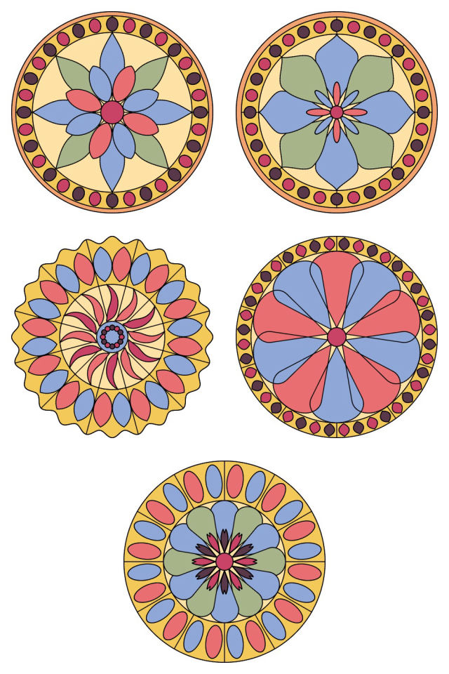 5 of the mandala pages colored in, in the peachy-rose palette: pages 41, 42, 43, 44, 45