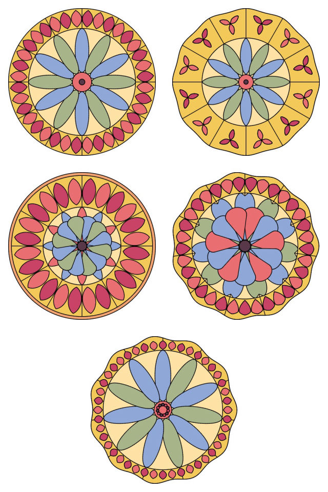5 of the mandala pages colored in, in the peachy-rose palette: pages 46, 47, 48, 49, 50