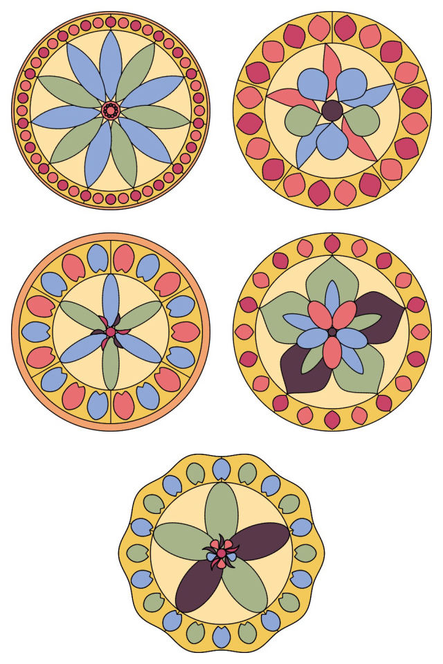 5 of the mandala pages colored in, in the peachy-rose palette: pages 51, 52, 53, 54, 55