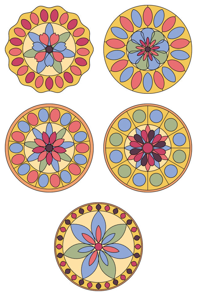 5 of the mandala pages colored in, in the peachy-rose palette: pages 56, 57, 58, 59, 60