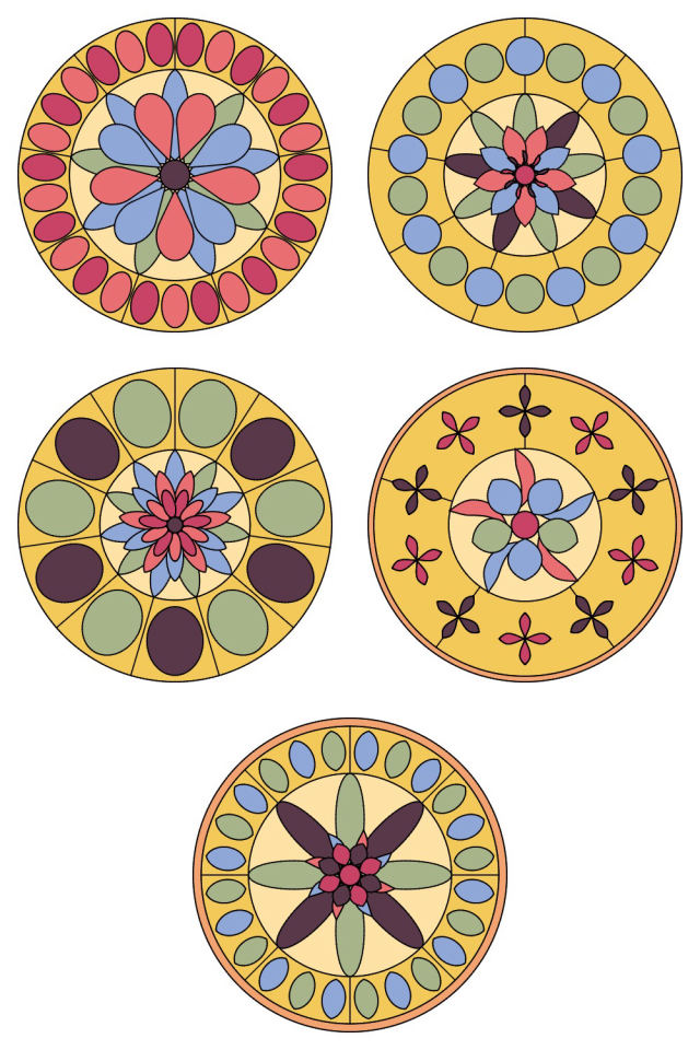 5 of the mandala pages colored in, in the peachy-rose palette: pages 61, 62, 63, 64, 65