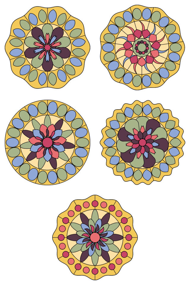 5 of the mandala pages colored in, in the peachy-rose palette: pages 66, 67, 68, 69, 70
