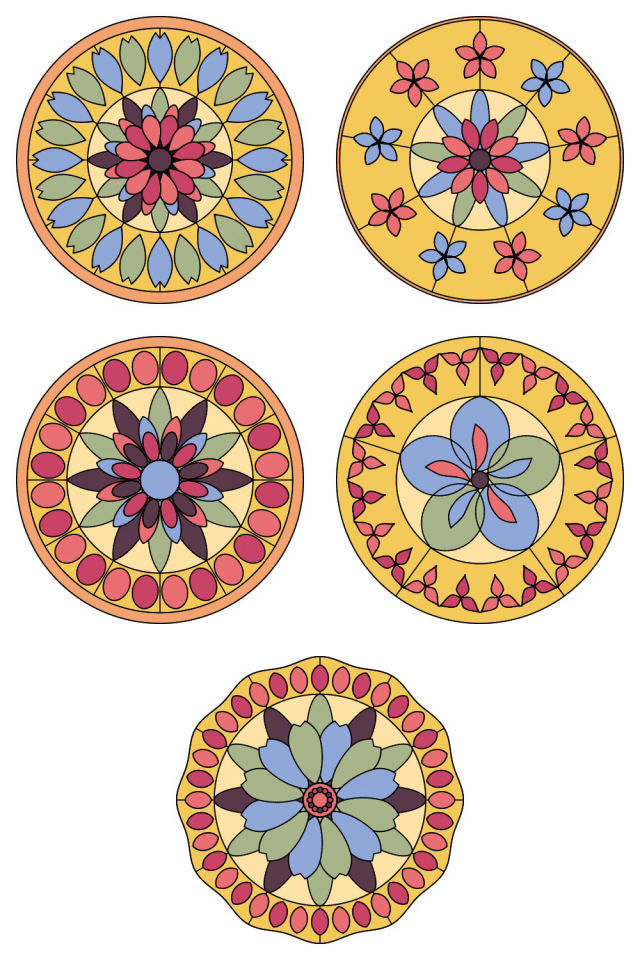 5 of the mandala pages colored in, in the peachy-rose palette: pages 71, 72, 73, 74, 75