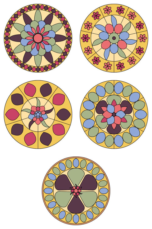 5 of the mandala pages colored in, in the peachy-rose palette: pages 76, 77, 78, 79, 80