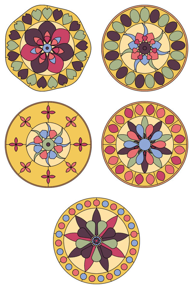 5 of the mandala pages colored in, in the peachy-rose palette: pages 81, 82, 83, 84, 85