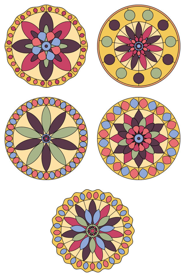 5 of the mandala pages colored in, in the peachy-rose palette: pages 86, 87, 88, 89, 90