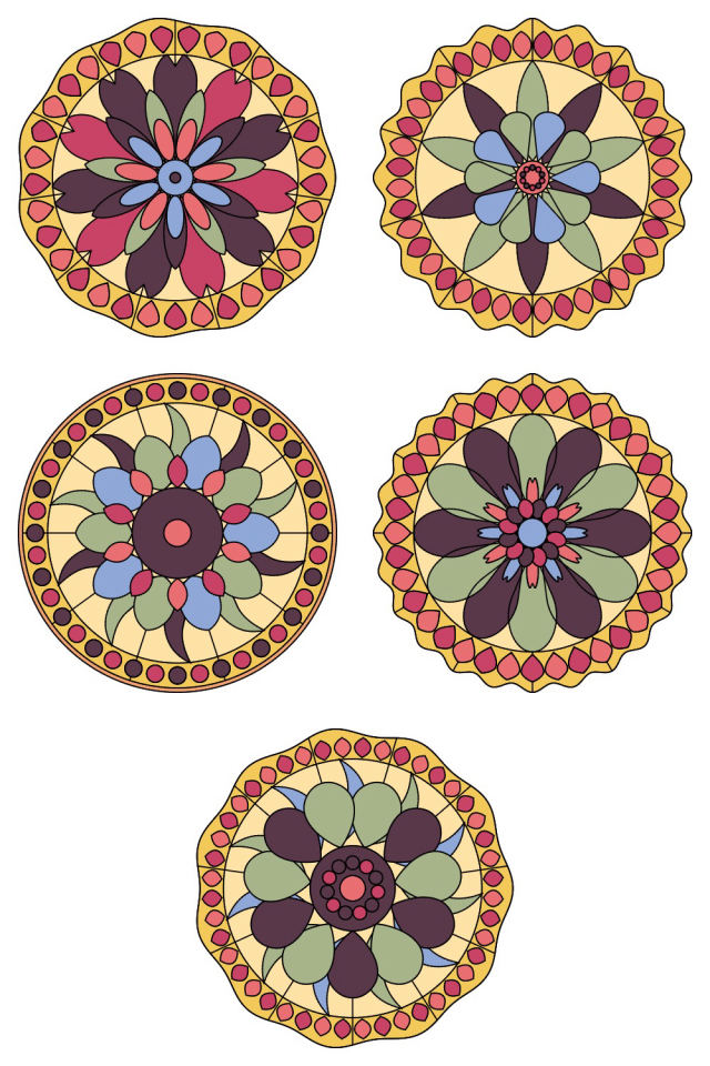 5 of the mandala pages colored in, in the peachy-rose palette: pages 91, 92, 93, 94, 95