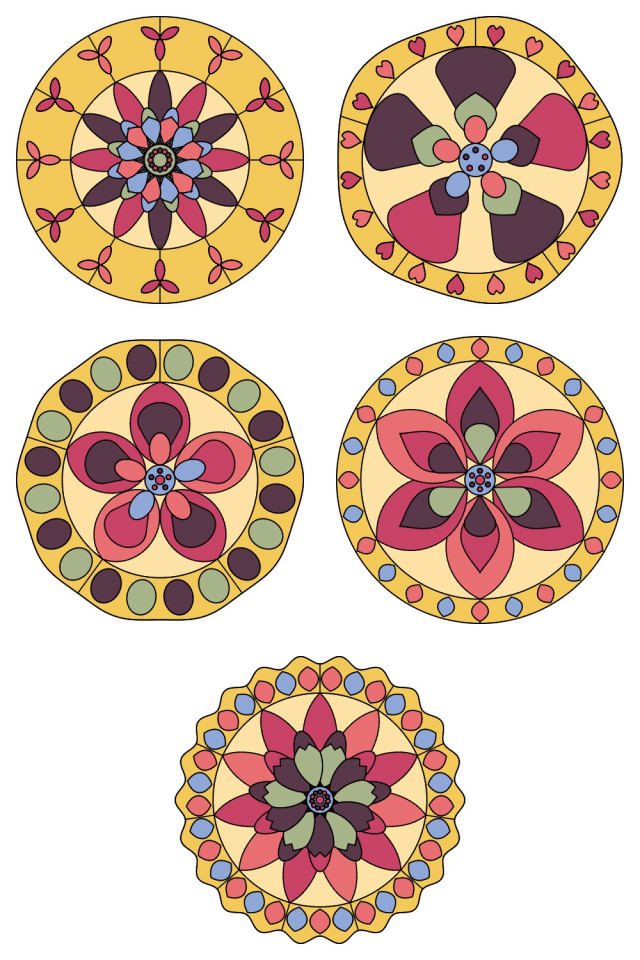 5 of the mandala pages colored in, in the peachy-rose palette: pages 96, 97, 98, 99, 100