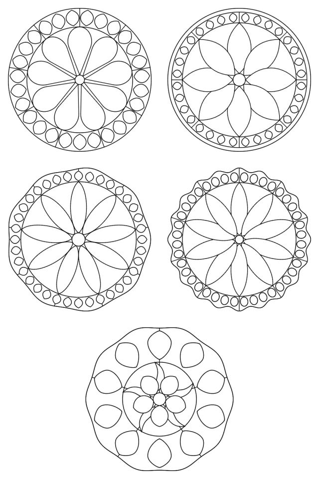 5 mandala coloring pages in black line, ready to color: pages 11, 12, 13, 14, 15