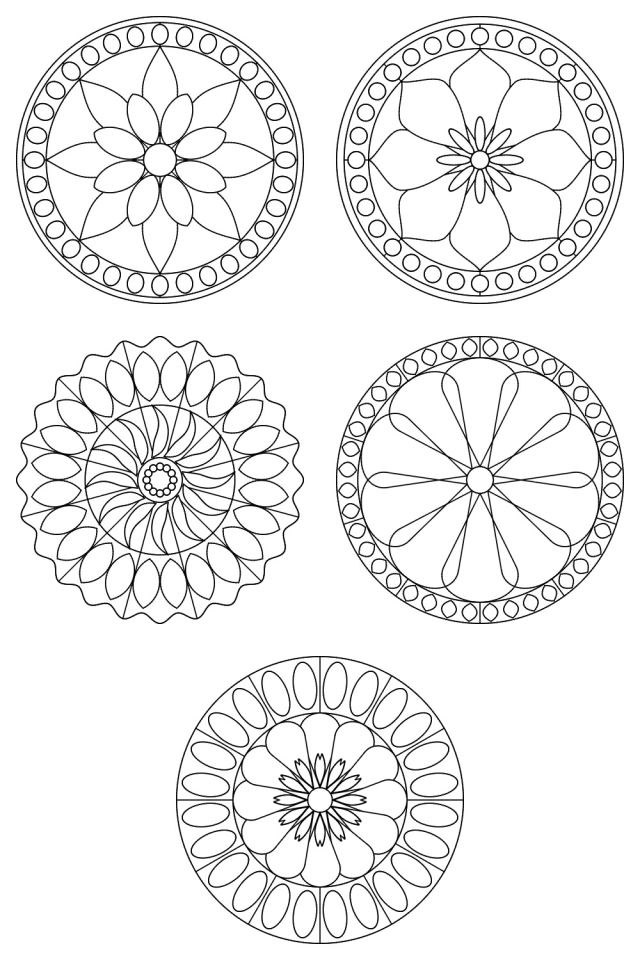 5 mandala coloring pages in black line, ready to color: pages 41, 42, 43, 44, 45