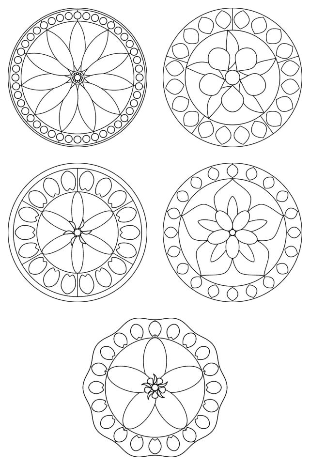 5 mandala coloring pages in black line, ready to color: pages 51, 52, 53, 54, 55