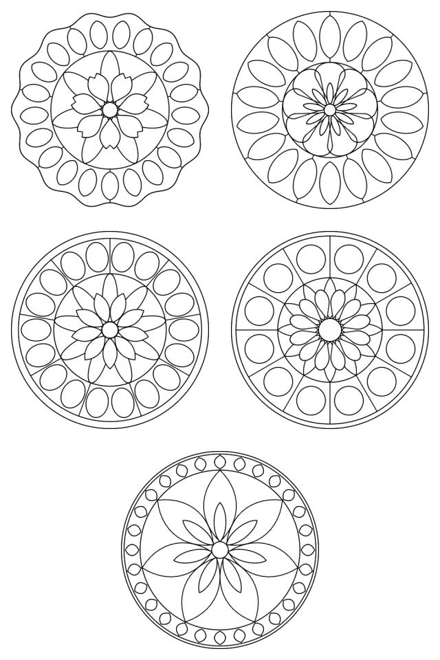 5 mandala coloring pages in black line, ready to color: pages 56, 57, 58, 59, 60