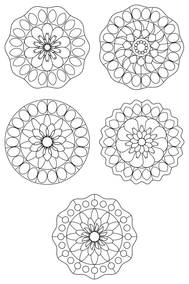 5 mandala coloring pages in black line, ready to color: pages 66, 67, 68, 69, 70