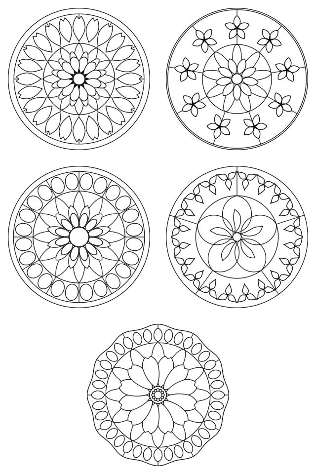 5 mandala coloring pages in black line, ready to color: pages 71, 72, 73, 74, 75