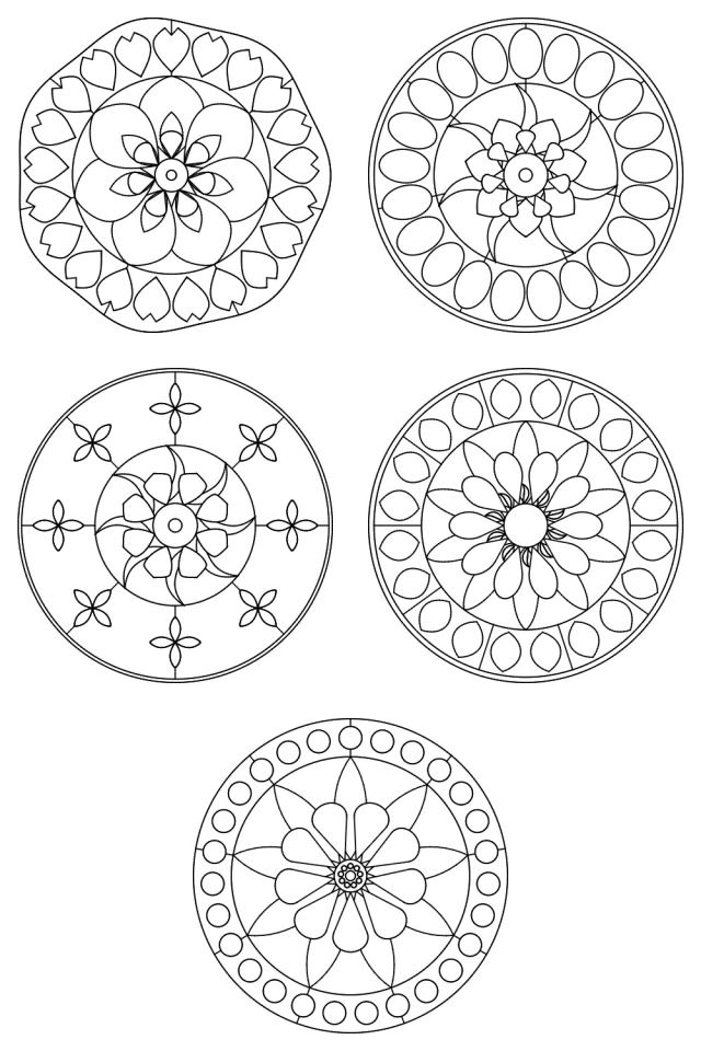 5 mandala coloring pages in black line, ready to color: pages 81, 82, 83, 84, 85