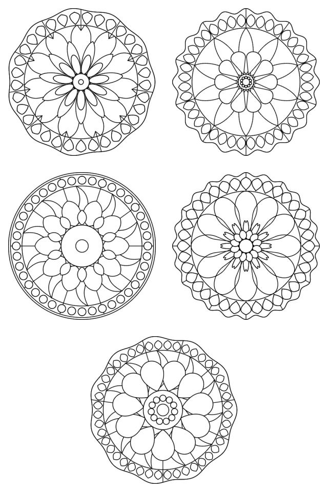 5 mandala coloring pages in black line, ready to color: pages 91, 92, 93, 94, 95