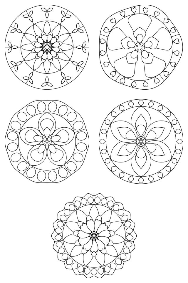 5 mandala coloring pages in black line, ready to color: pages 96, 97, 98, 99, 100