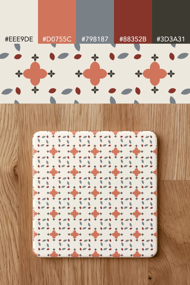 the colors one earthy-fall tile is drawn in, with their hex codes, and the tile printed on a coaster