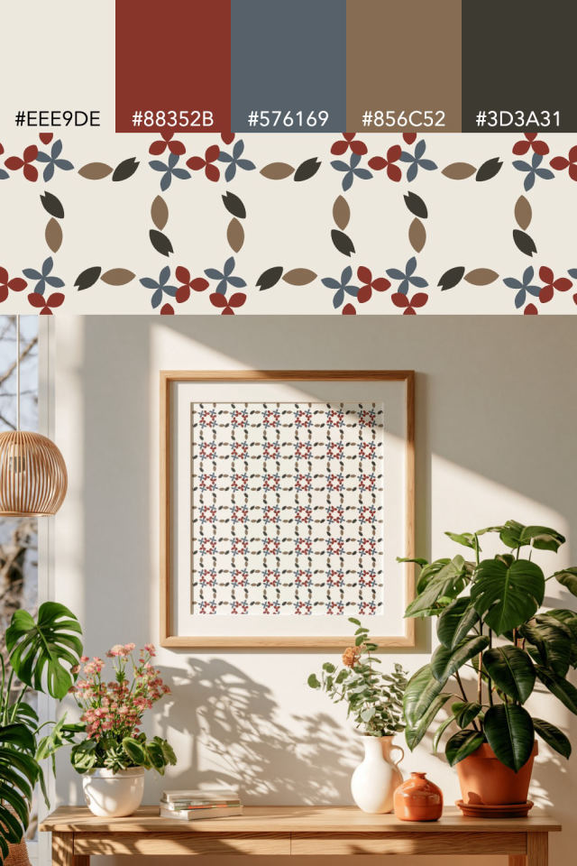 the colors one earthy-fall tile is drawn in, with their hex codes, and the tile printed on a frame