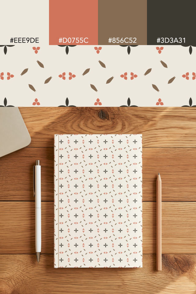the colors one earthy-fall tile is drawn in, with their hex codes, and the tile printed on a notebook