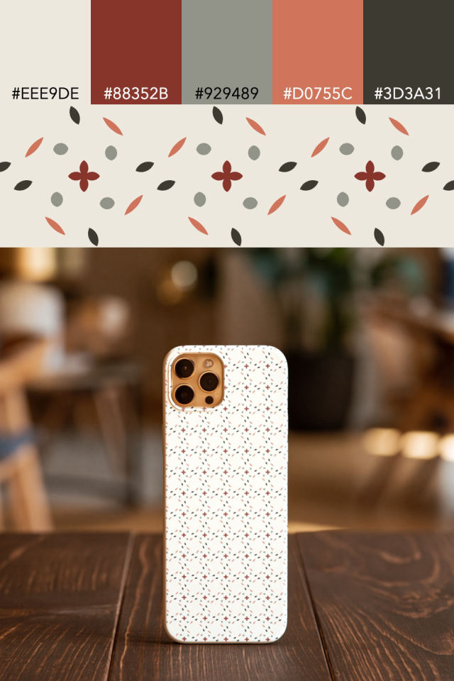 the colors one earthy-fall tile is drawn in, with their hex codes, and the tile printed on a phone case