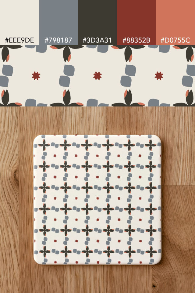 the colors one earthy-fall tile is drawn in, with their hex codes, and the tile printed on a coaster