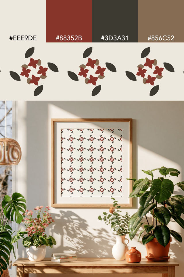 the colors one earthy-fall tile is drawn in, with their hex codes, and the tile printed on a frame