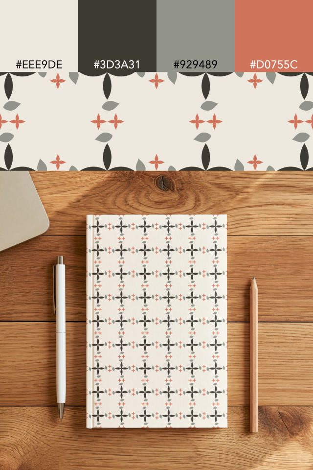the colors one earthy-fall tile is drawn in, with their hex codes, and the tile printed on a notebook