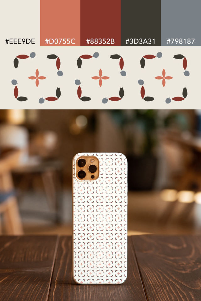 the colors one earthy-fall tile is drawn in, with their hex codes, and the tile printed on a phone case