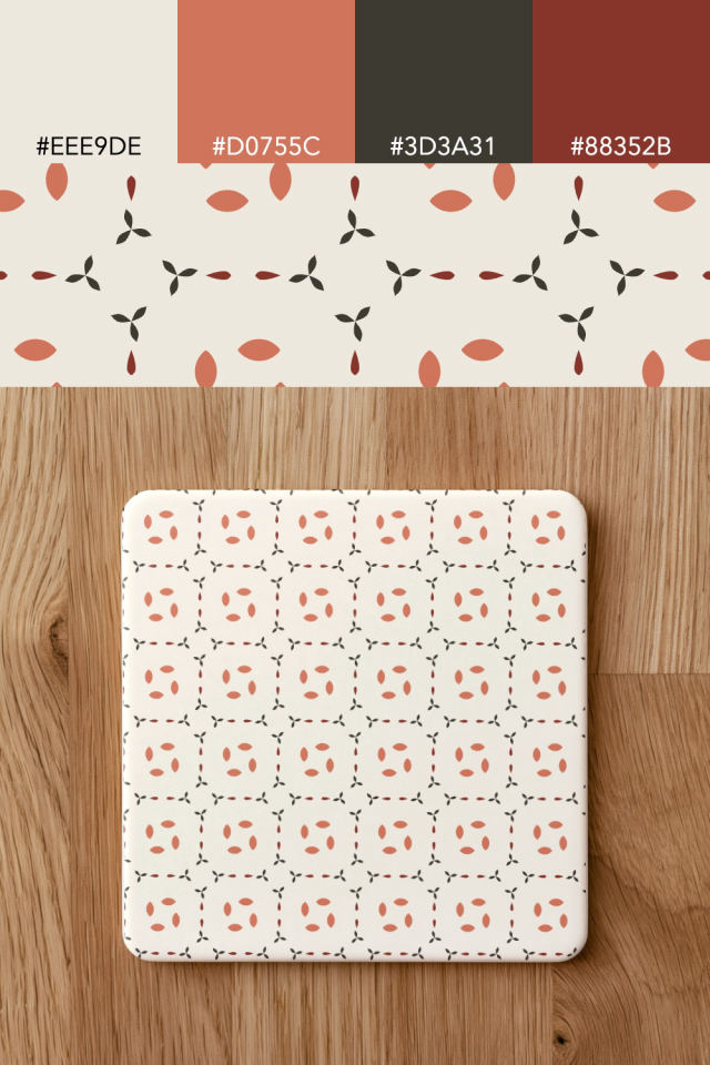 the colors one earthy-fall tile is drawn in, with their hex codes, and the tile printed on a coaster