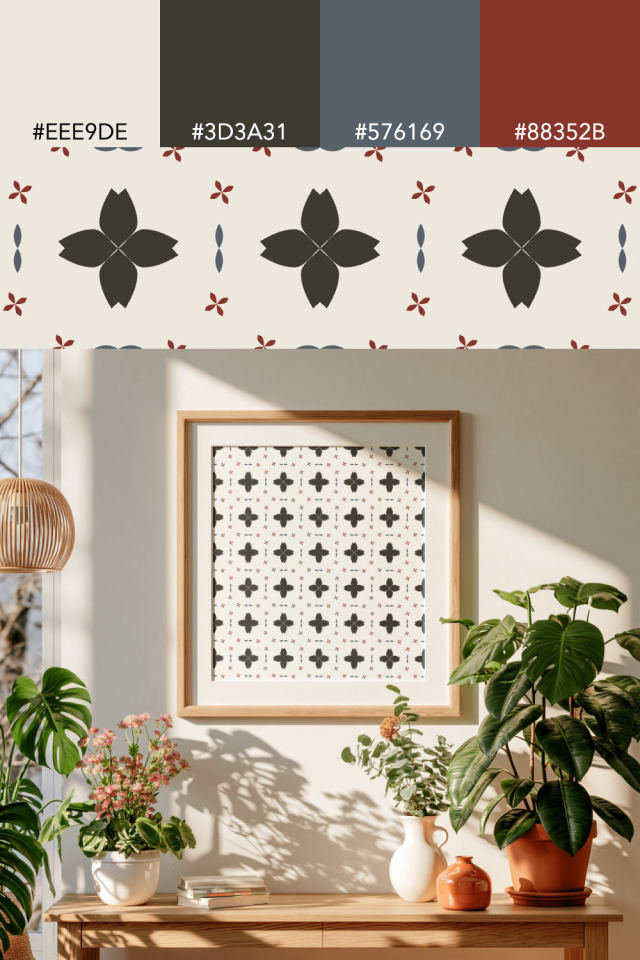 the colors one earthy-fall tile is drawn in, with their hex codes, and the tile printed on a frame