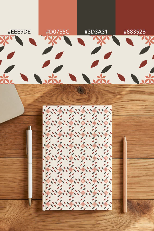 the colors one earthy-fall tile is drawn in, with their hex codes, and the tile printed on a notebook