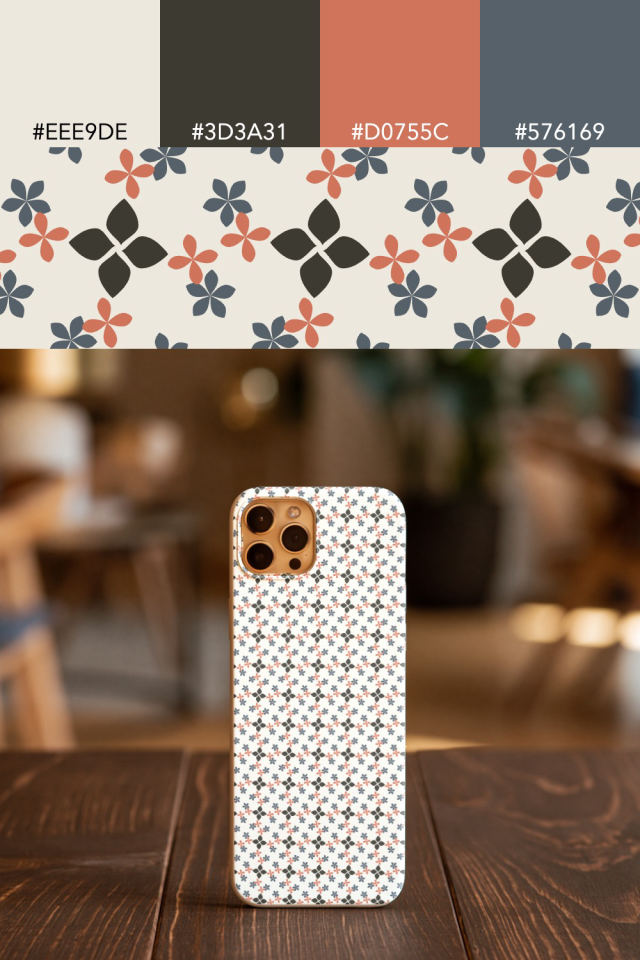 the colors one earthy-fall tile is drawn in, with their hex codes, and the tile printed on a phone case