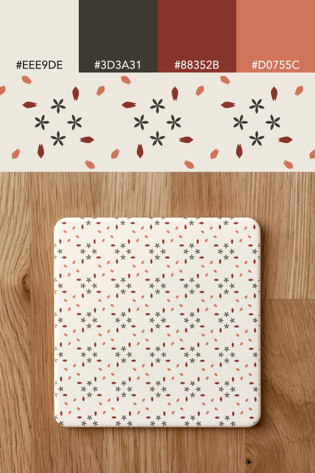 the colors one earthy-fall tile is drawn in, with their hex codes, and the tile printed on a coaster