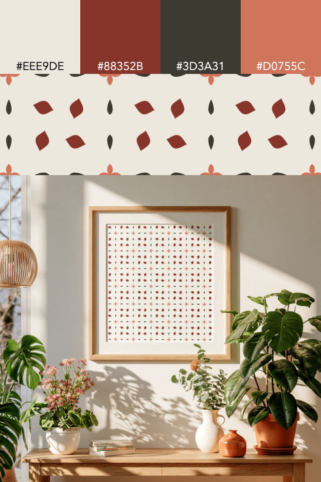 the colors one earthy-fall tile is drawn in, with their hex codes, and the tile printed on a frame