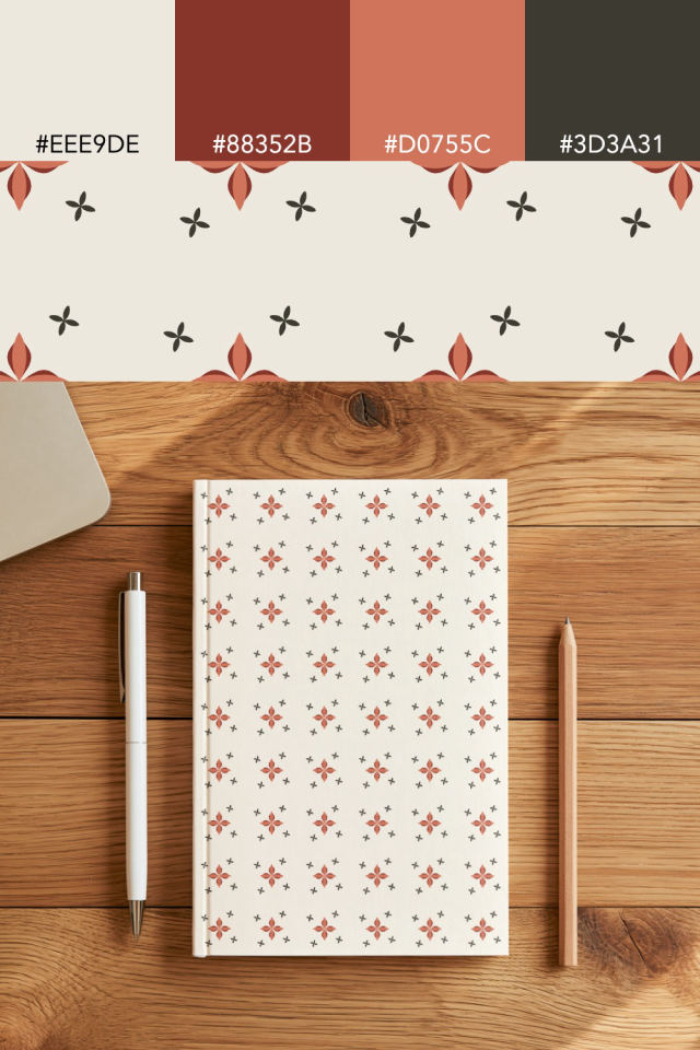 the colors one earthy-fall tile is drawn in, with their hex codes, and the tile printed on a notebook