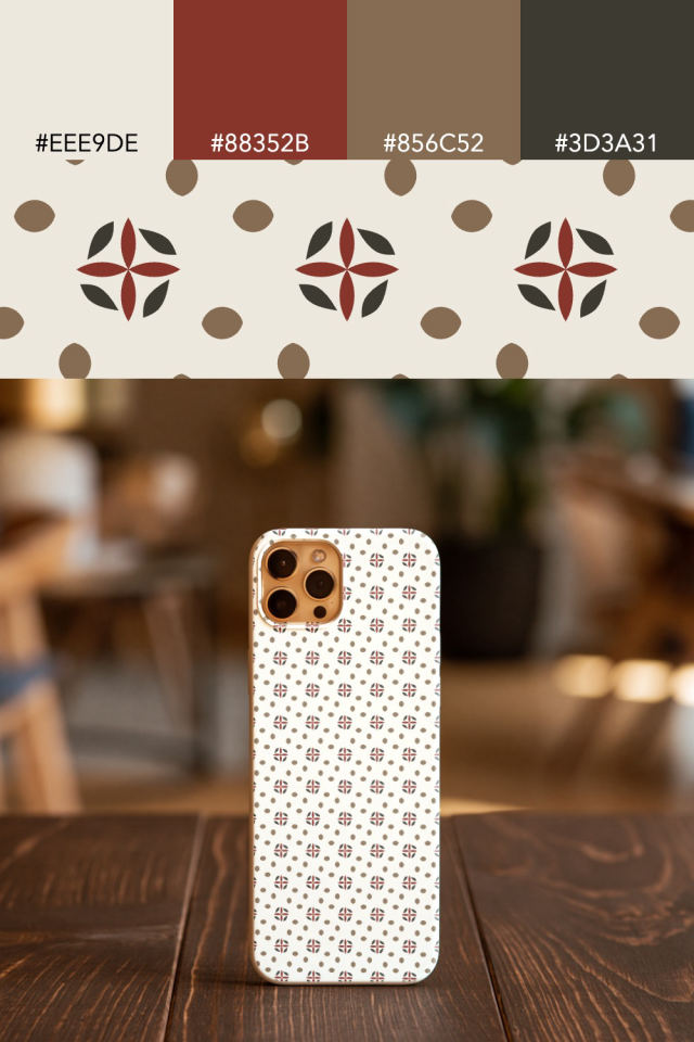 the colors one earthy-fall tile is drawn in, with their hex codes, and the tile printed on a phone case