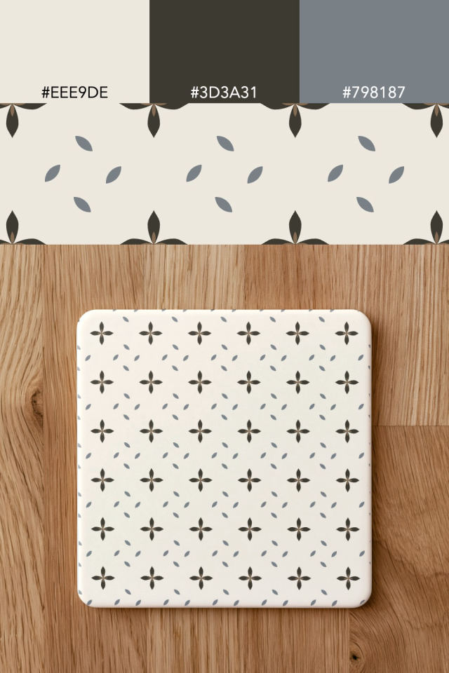 the colors one earthy-fall tile is drawn in, with their hex codes, and the tile printed on a coaster