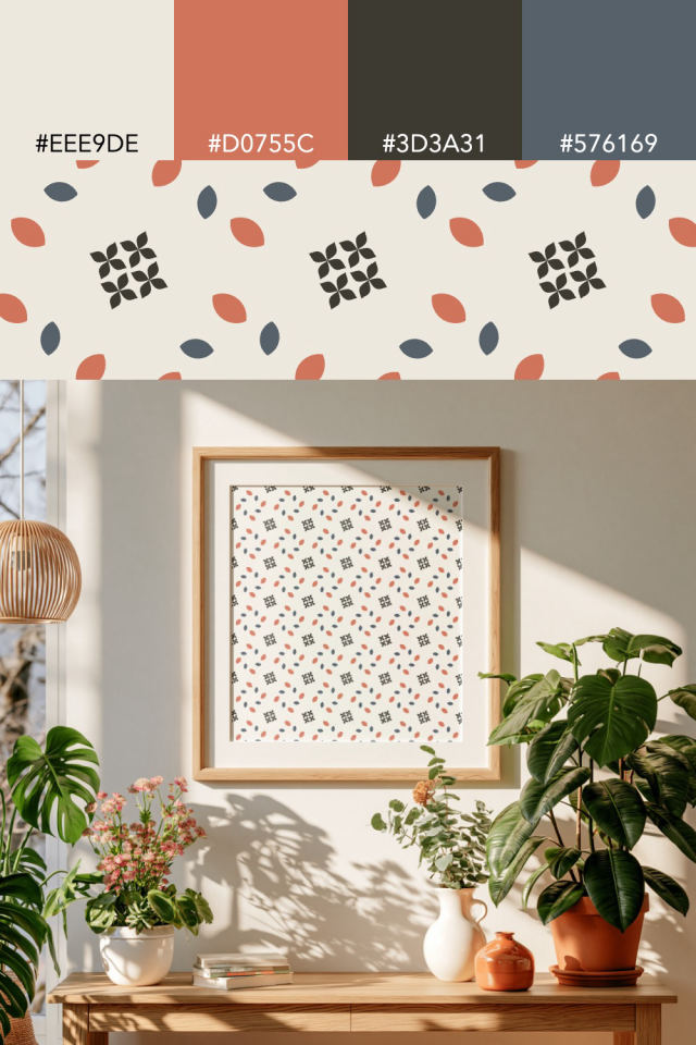 the colors one earthy-fall tile is drawn in, with their hex codes, and the tile printed on a frame