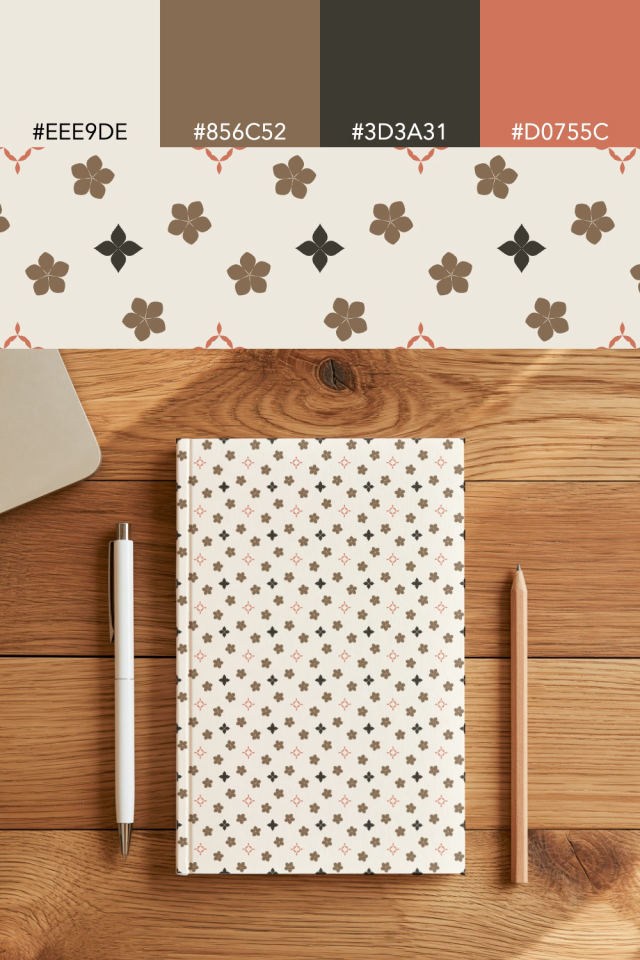 the colors one earthy-fall tile is drawn in, with their hex codes, and the tile printed on a notebook