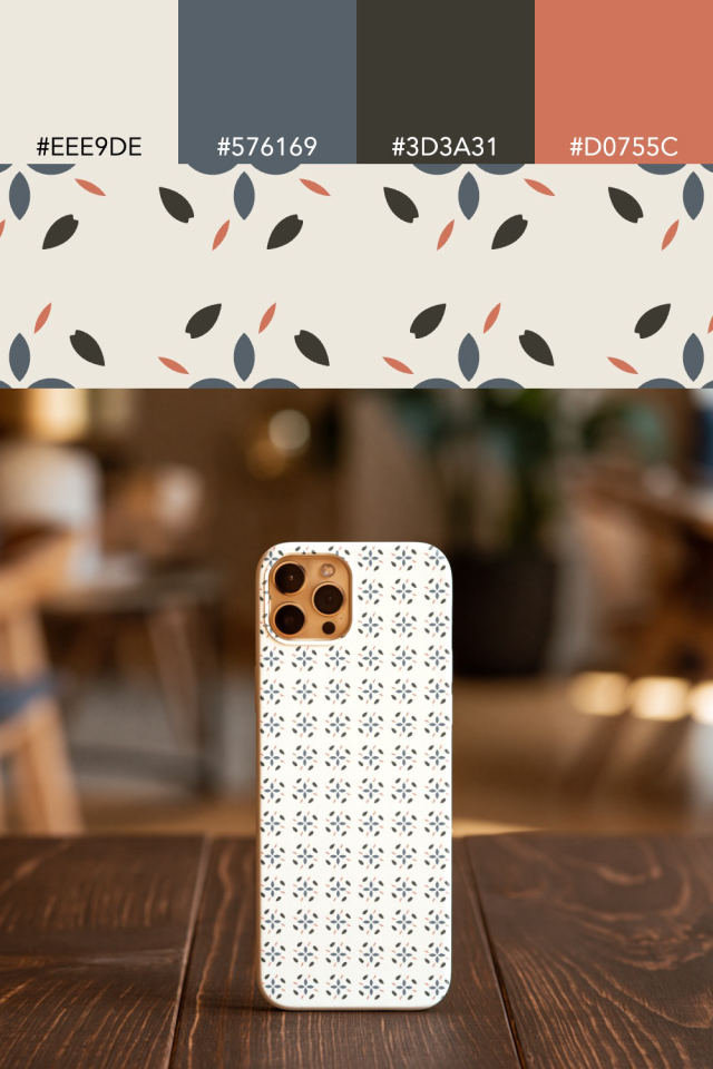 the colors one earthy-fall tile is drawn in, with their hex codes, and the tile printed on a phone case