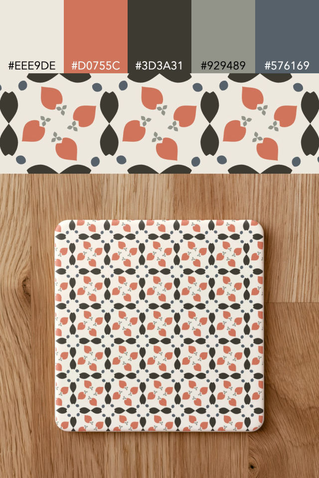 the colors one earthy-fall tile is drawn in, with their hex codes, and the tile printed on a coaster